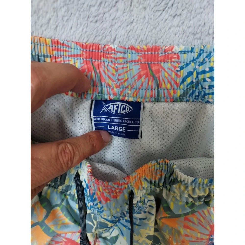 Aftco Swim Trunks Mens Large Floral Fishing Drawstring Lined Elastic Waist Fish